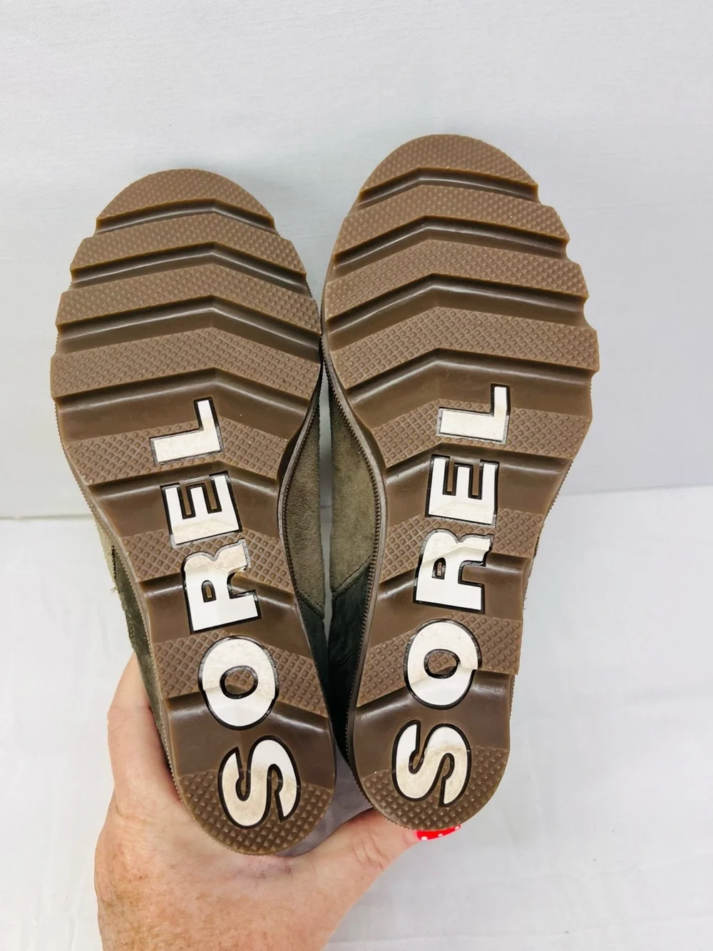 Sorel Taupe and Dark Taupe Suede Wedge Ankle Booties